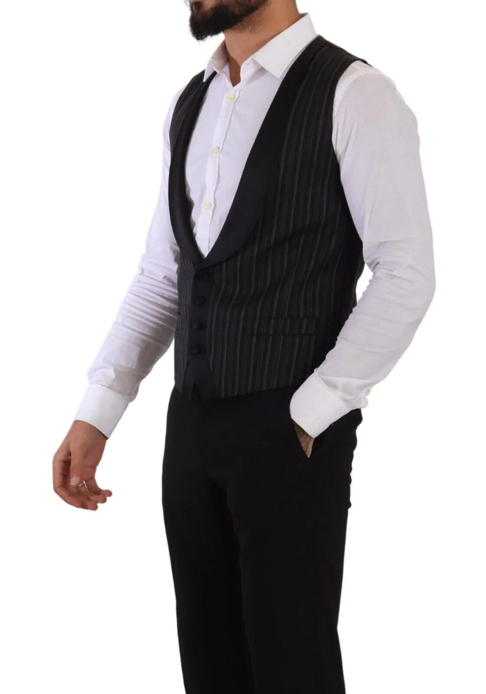 Dolce & Gabbana Black Striped Wool Silk Waistcoat Vest - IT48 | M - Vests