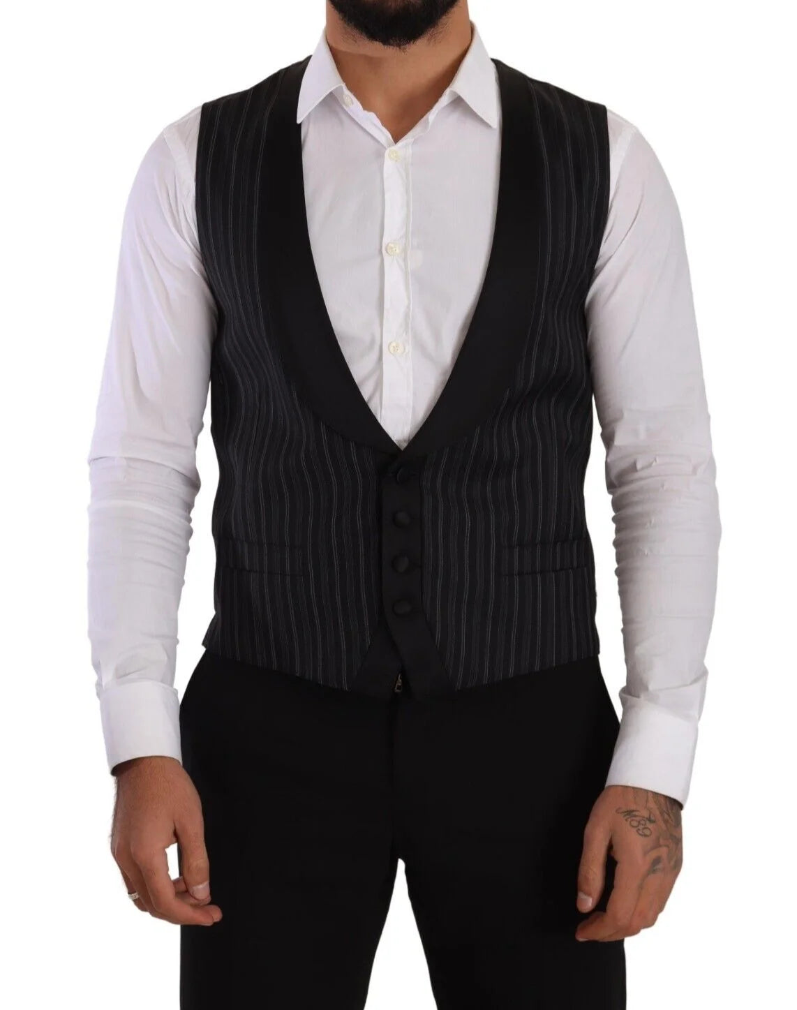 Dolce & Gabbana Black Striped Wool Silk Waistcoat Vest - IT48 | M - Vests