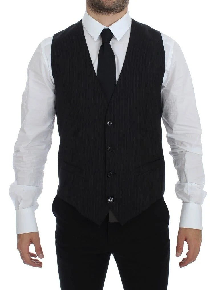 Dolce & Gabbana Black Striped Wool Single Breasted Vest - IT48 | M - Vests