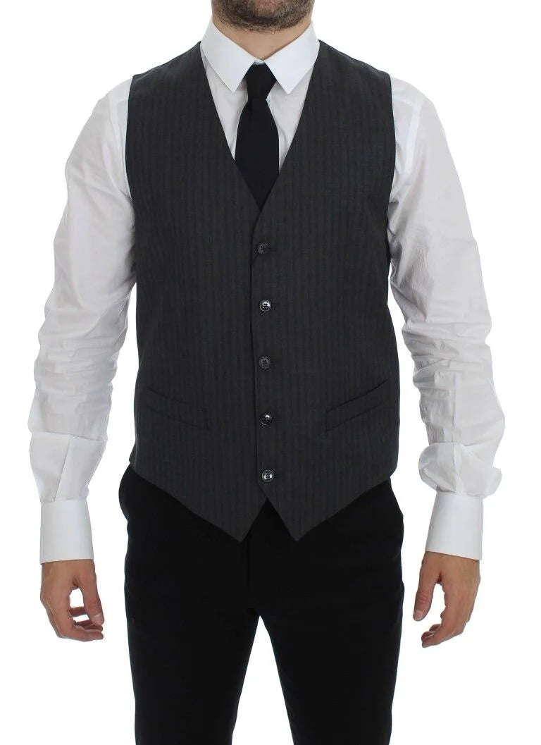 Dolce & Gabbana Black Striped Wool Single Breasted Vest - IT48 | M - Vests