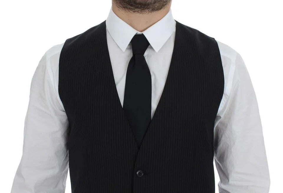 Dolce & Gabbana Black Striped Wool Single Breasted Vest - IT48 | M - Vests