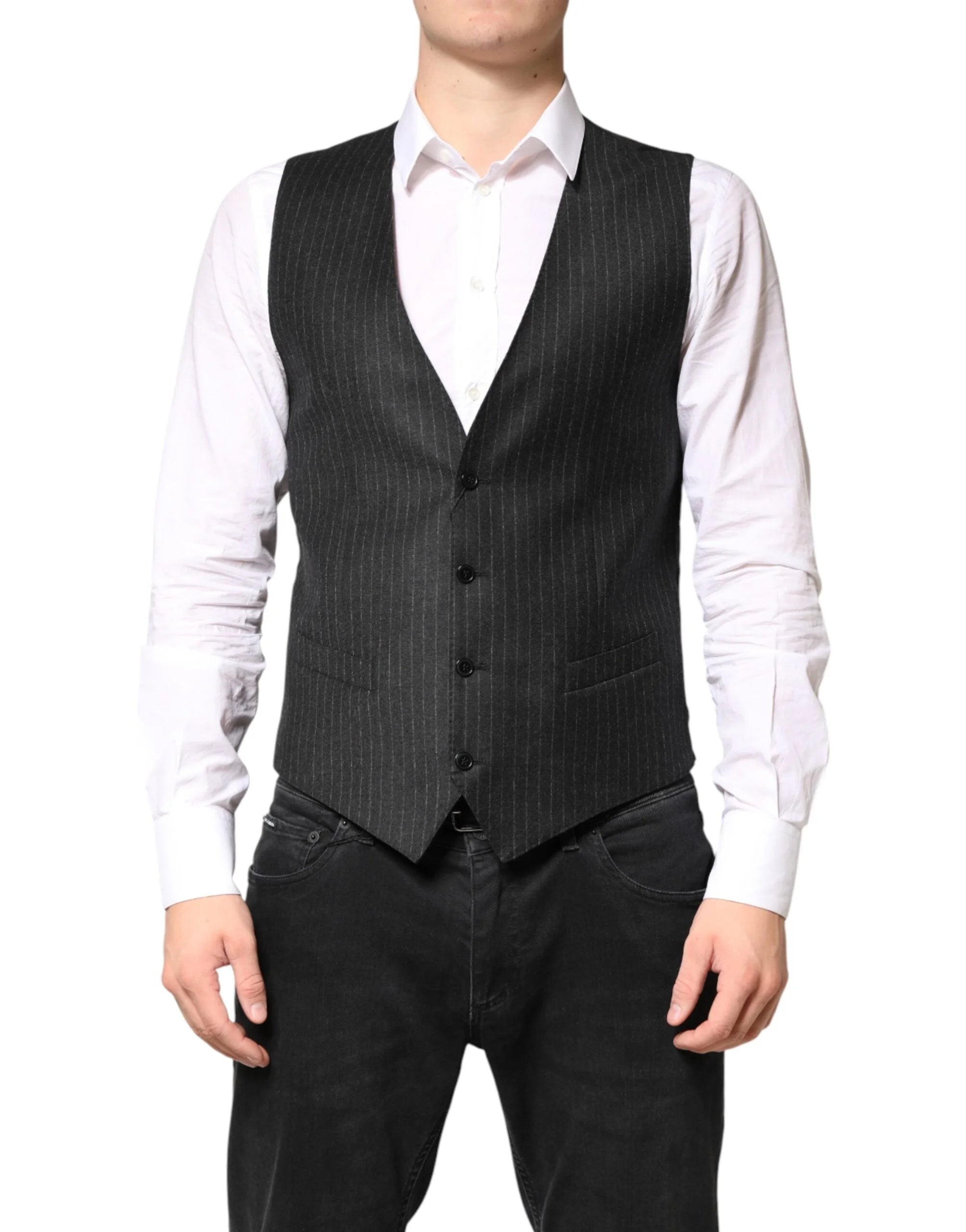 Dolce & Gabbana Black Stripes Wool Dress Men Waistcoat Vest - IT48 | M