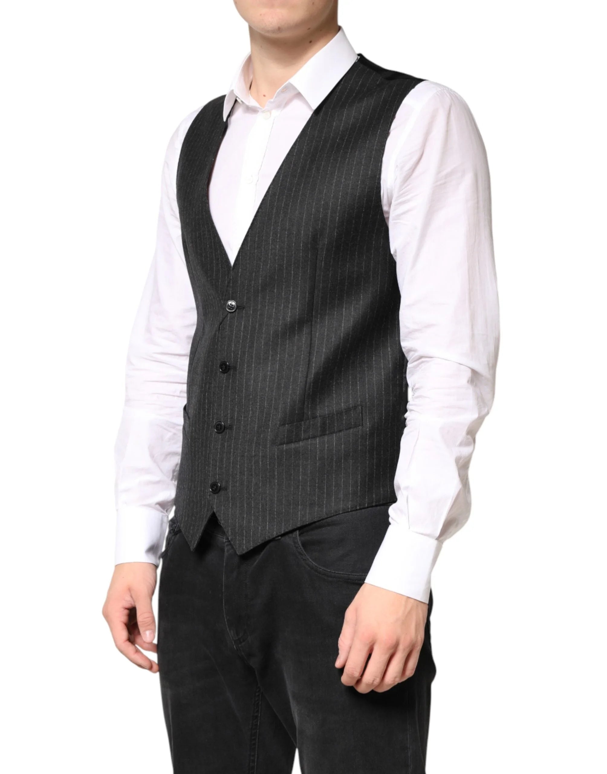 Dolce & Gabbana Black Stripes Wool Dress Men Waistcoat Vest - IT48 | M