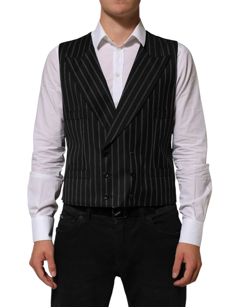 Dolce & Gabbana Black Stripes Wool Dress Men Waistcoat Vest - IT50 | L
