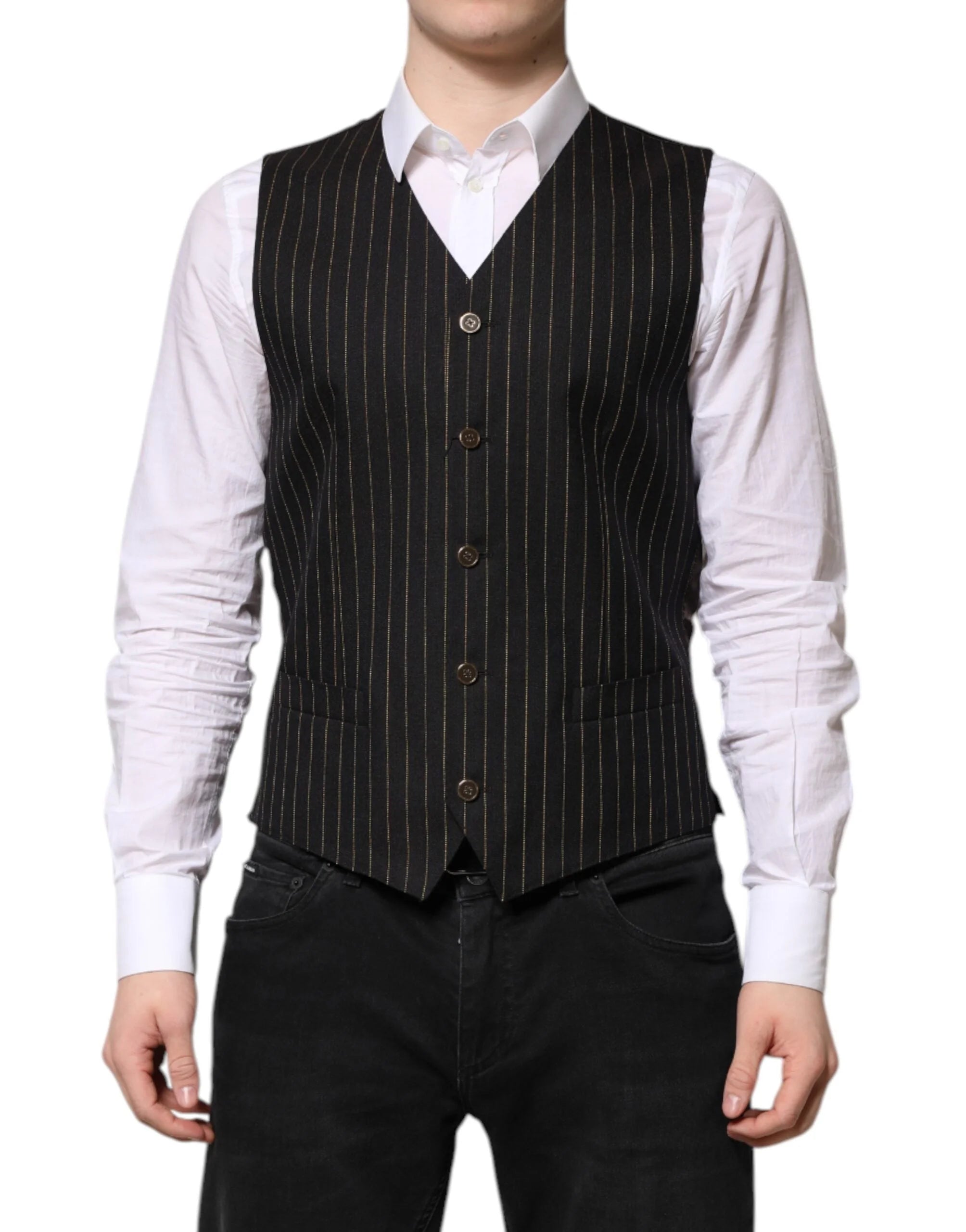 Dolce & Gabbana Black Stripes Wool Formal Men Waistcoat Vest - IT48 | M - Vests