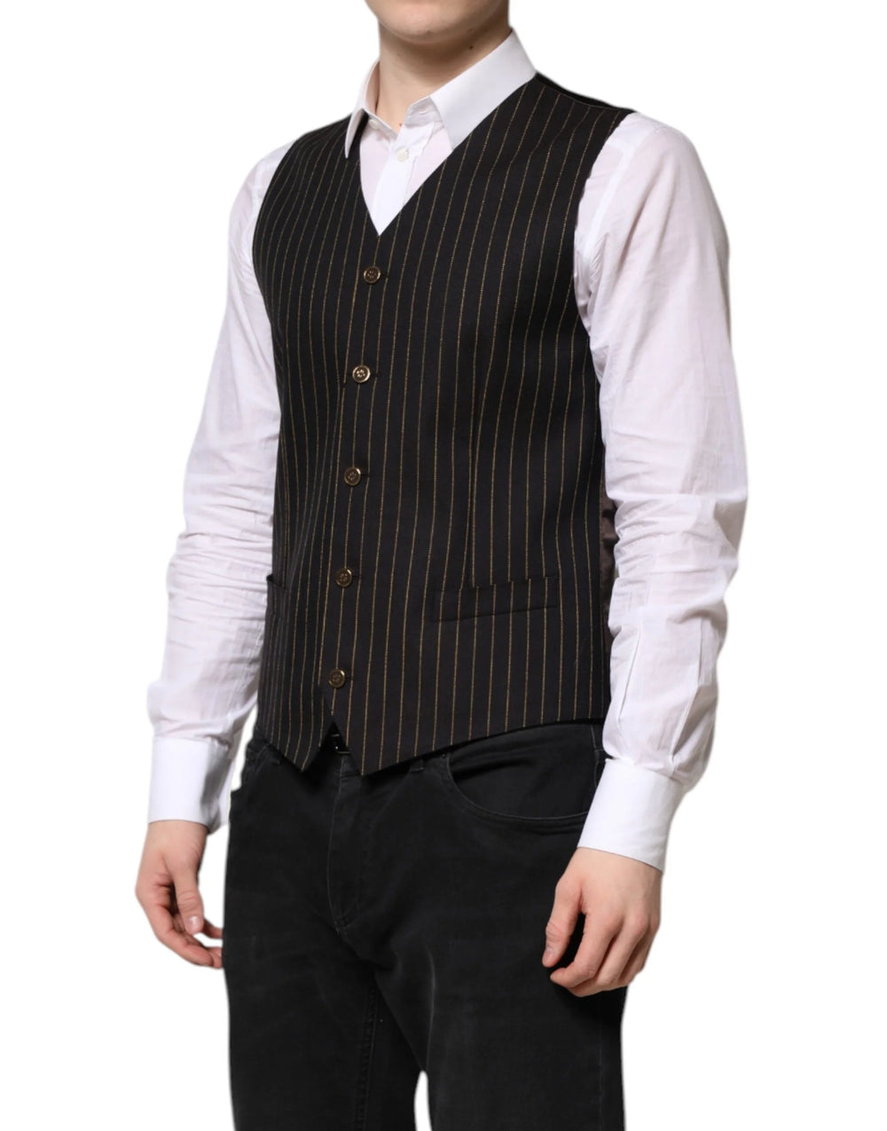 Dolce & Gabbana Black Stripes Wool Formal Men Waistcoat Vest - IT48 | M - Vests