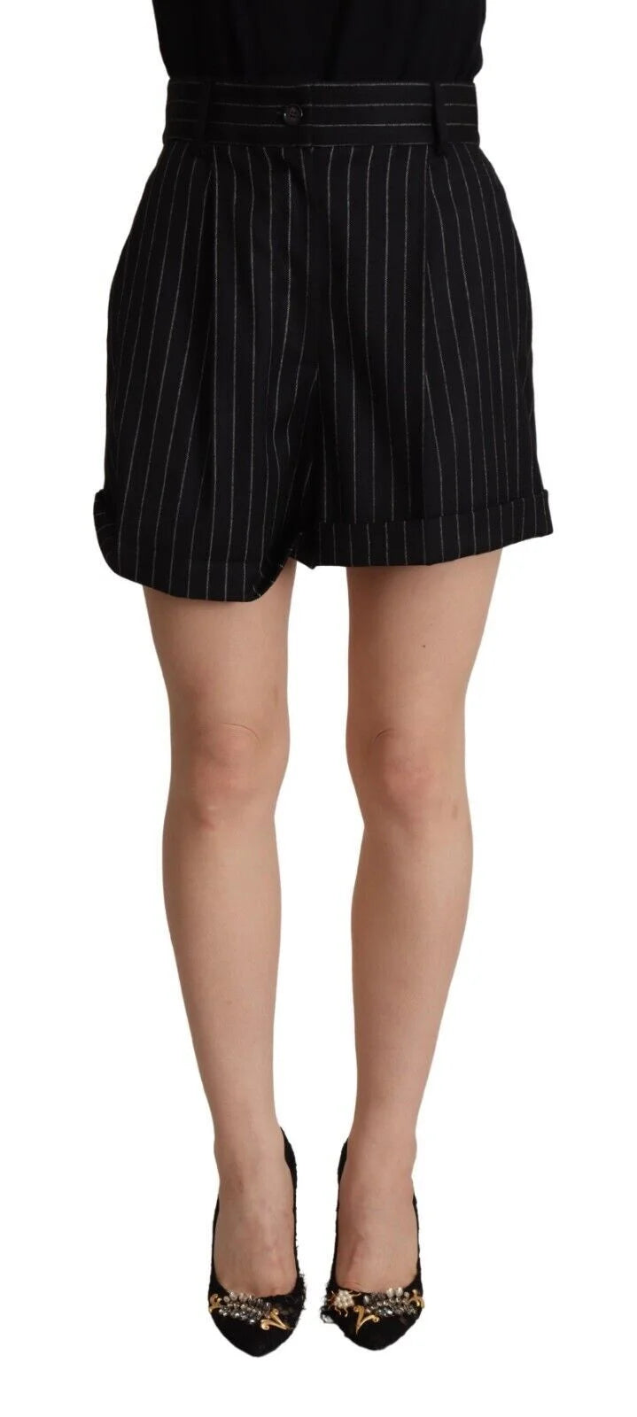 Dolce & Gabbana Black Stripes Wool High Waist Trouser Bermuda Shorts - IT40|S - Bermudas