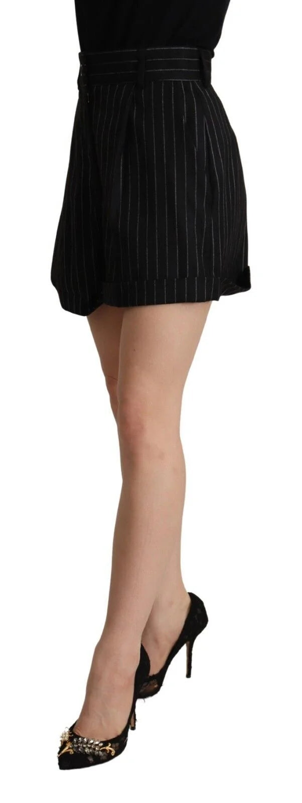 Dolce & Gabbana Black Stripes Wool High Waist Trouser Bermuda Shorts - IT40|S - Bermudas