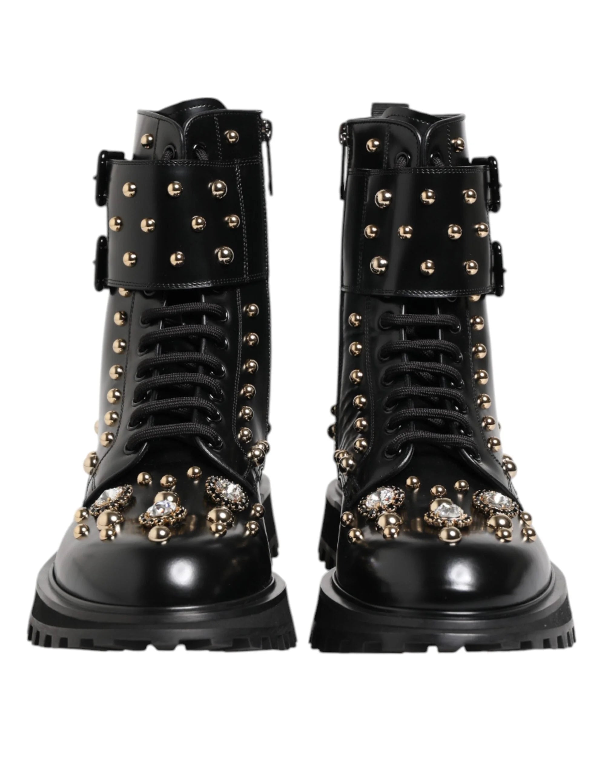 Dolce & Gabbana Black Studded Lace Up Mid Calf Boots Shoes - EU42.5/US9.5