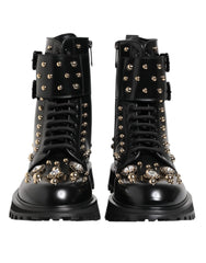 Dolce & Gabbana Black Studded Lace Up Mid Calf Boots Shoes - EU42.5/US9.5