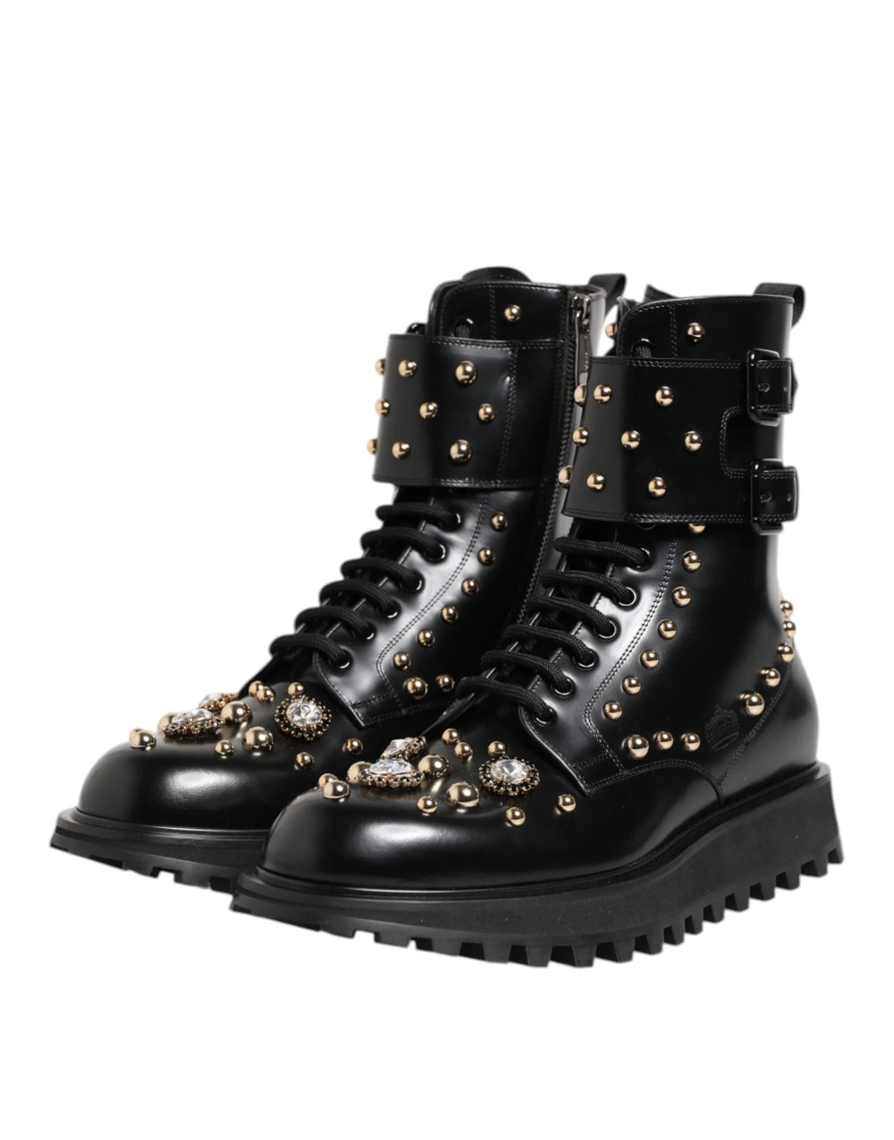 Dolce & Gabbana Black Studded Lace Up Mid Calf Boots Shoes - Boots