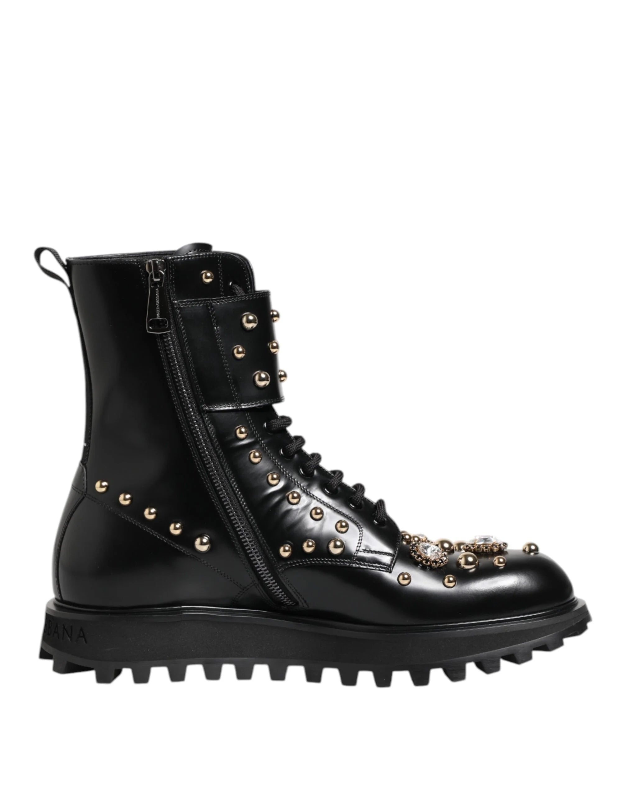 Dolce & Gabbana Black Studded Lace Up Mid Calf Boots Shoes - Boots