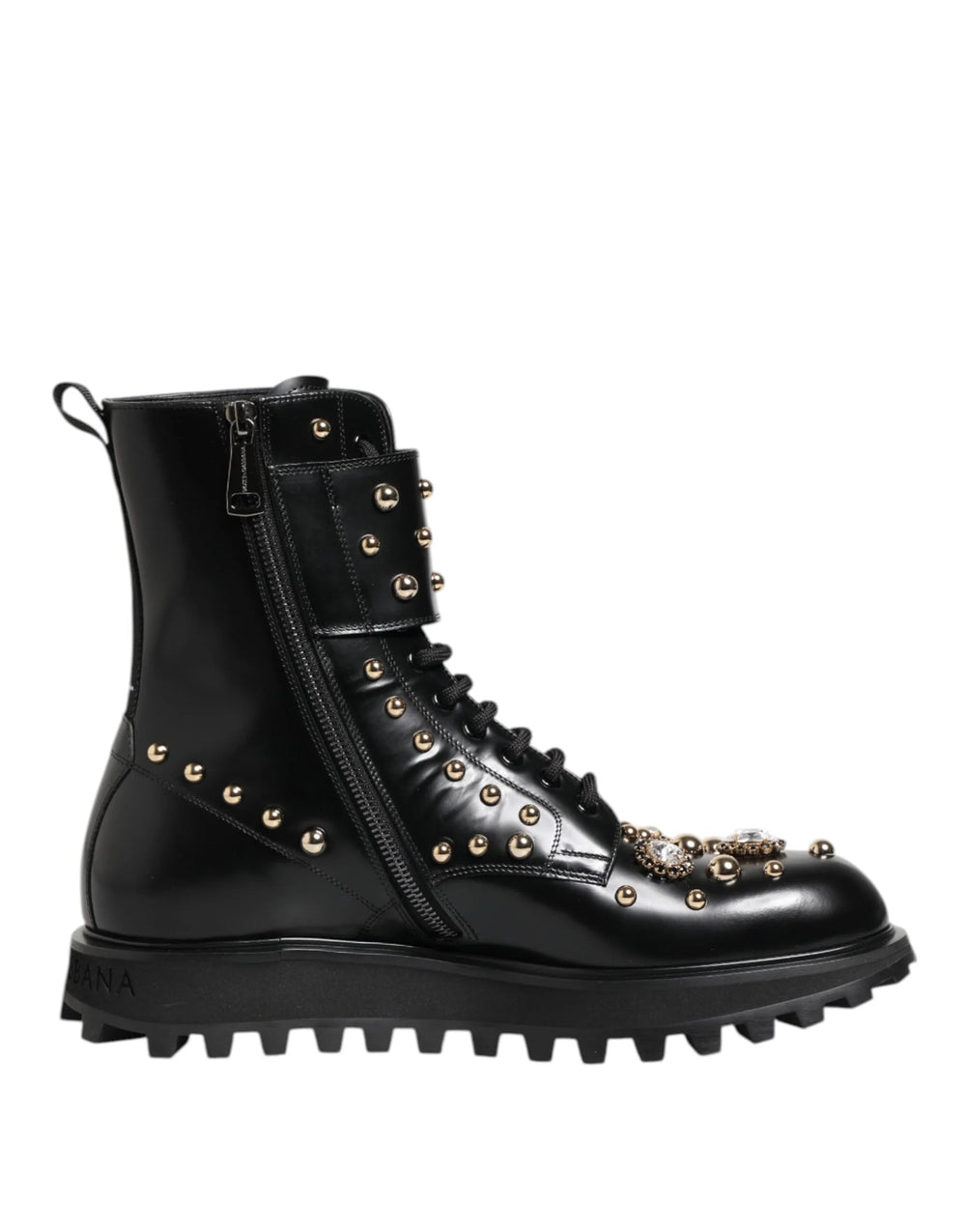 Dolce & Gabbana Black Studded Lace Up Mid Calf Boots Shoes - Boots