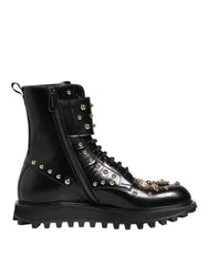 Dolce & Gabbana Black Studded Lace Up Mid Calf Boots Shoes - Boots