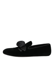 Dolce & Gabbana Black Suede Cotton Rose Slip On Loafers Shoes - EU43/US10