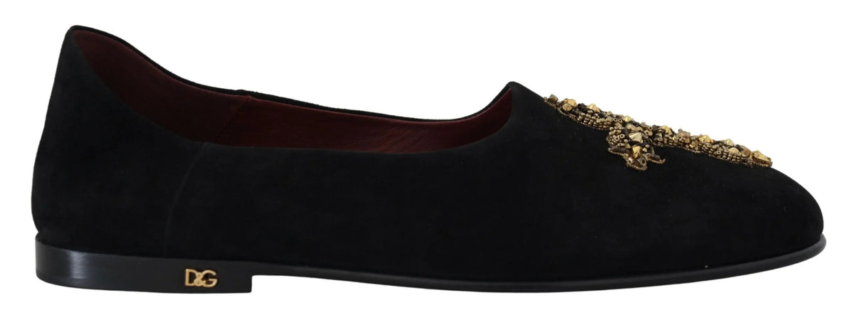 Dolce & Gabbana Black Suede Gold Cross Slip On Loafers Shoes - Flats