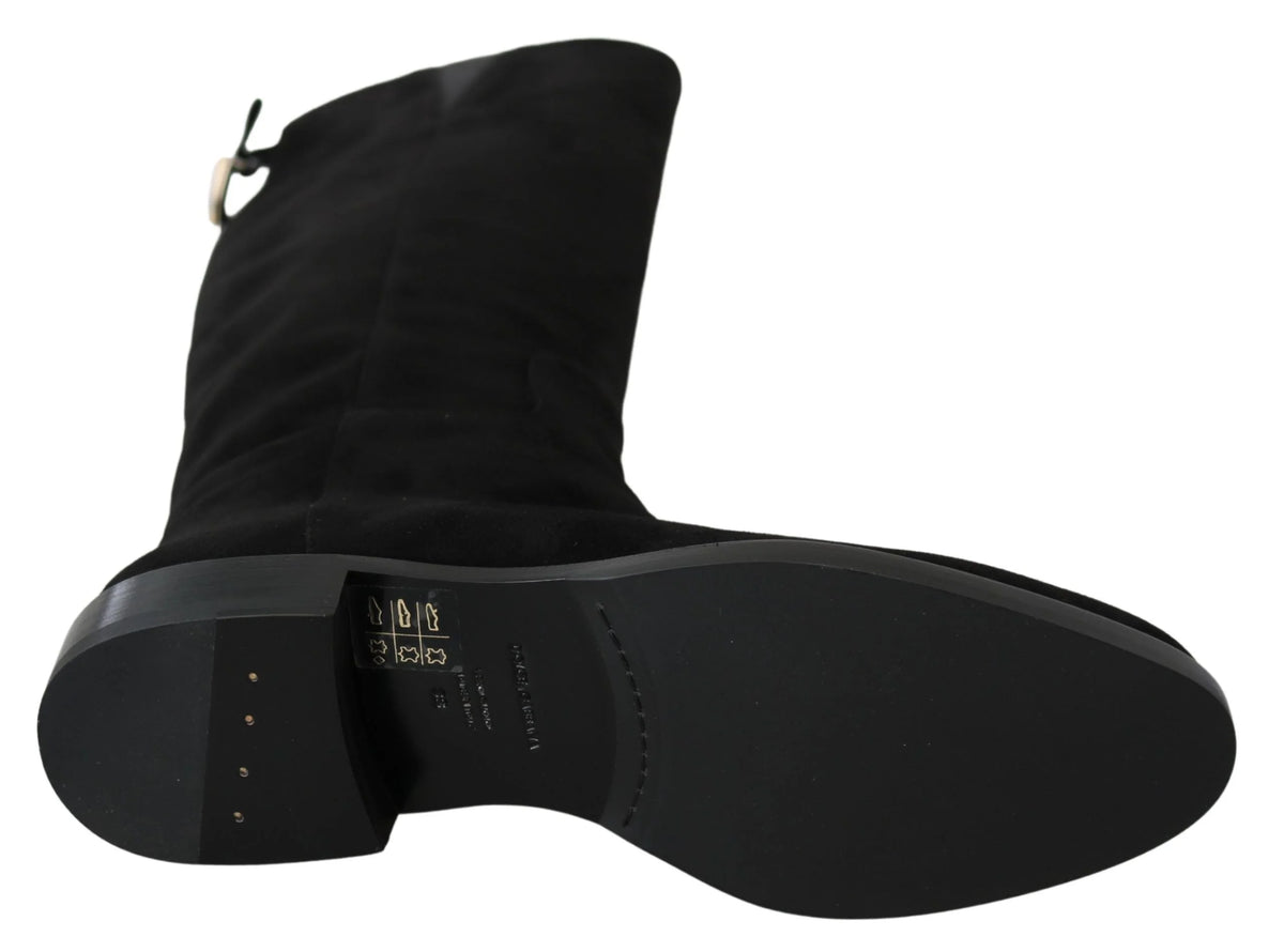 Dolce & Gabbana Black Suede Knee High Flat Boots Shoes - EU35/US4.5