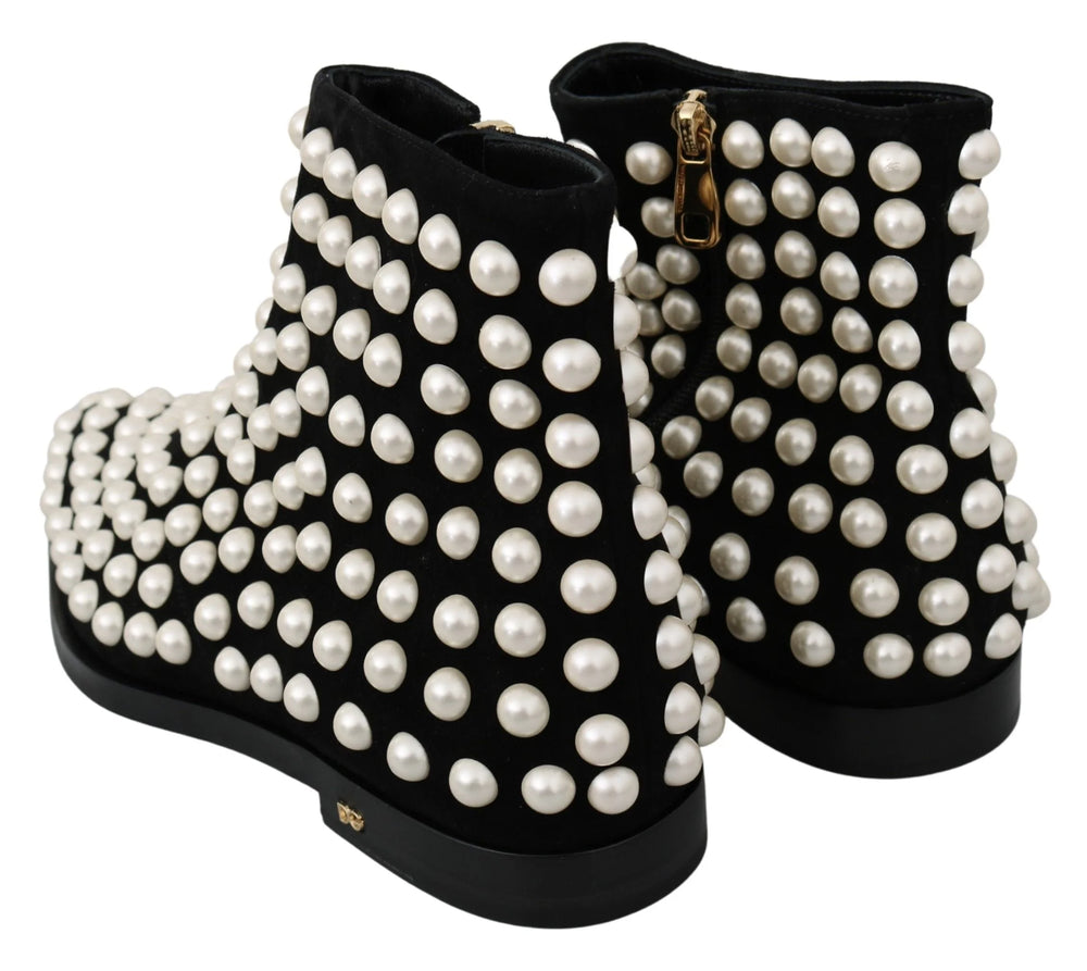 Dolce & Gabbana Black Suede Pearl Studs Boots Shoes - EU39/US8.5 - Boots