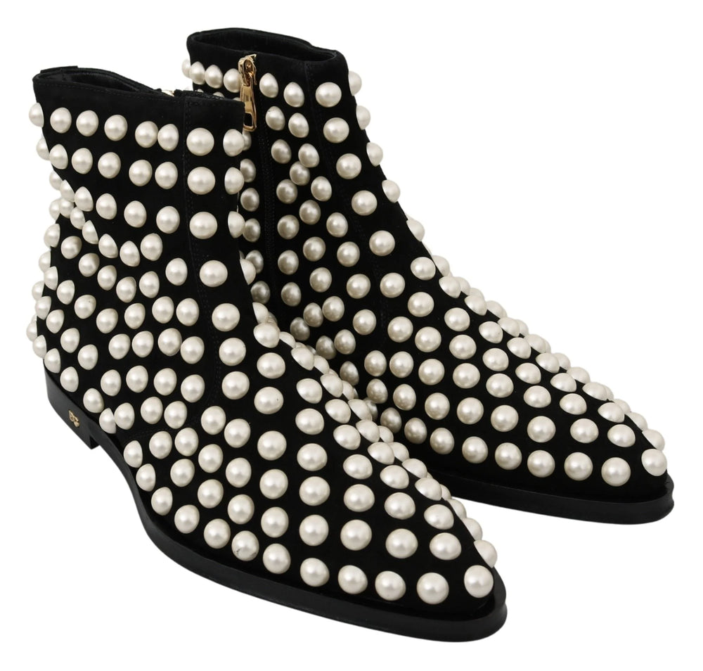 Dolce & Gabbana Black Suede Pearl Studs Boots Shoes - EU39/US8.5 - Boots