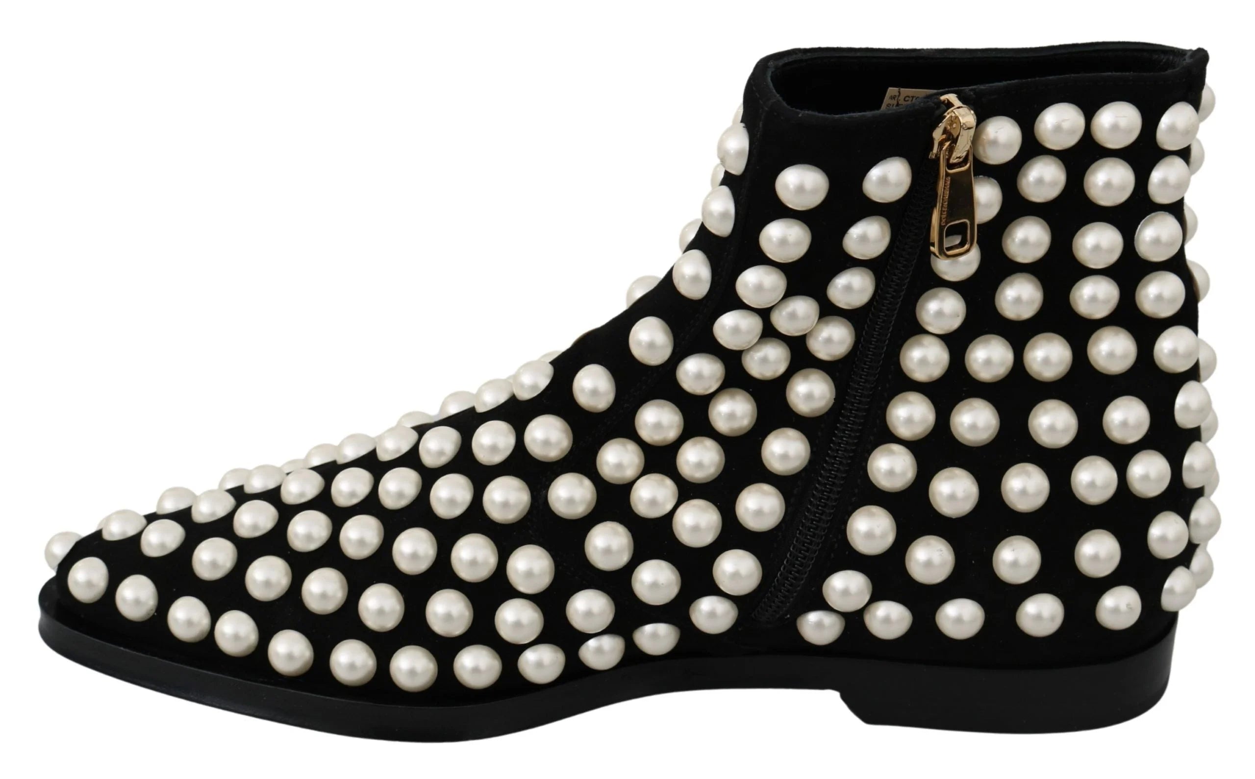 Dolce & Gabbana Black Suede Pearl Studs Boots Shoes - EU39/US8.5 - Boots