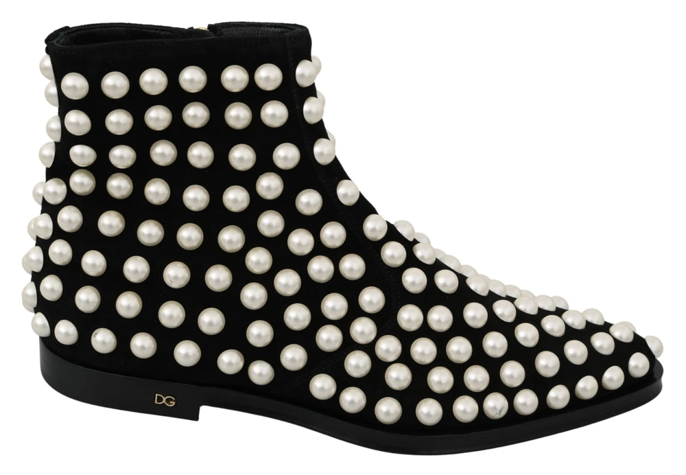 Dolce & Gabbana Black Suede Pearl Studs Boots Shoes - EU39/US8.5