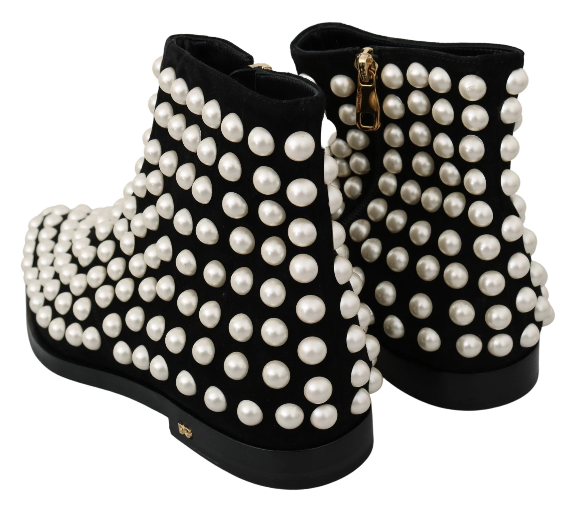 Dolce & Gabbana Black Suede Pearl Studs Boots Shoes - EU39/US8.5
