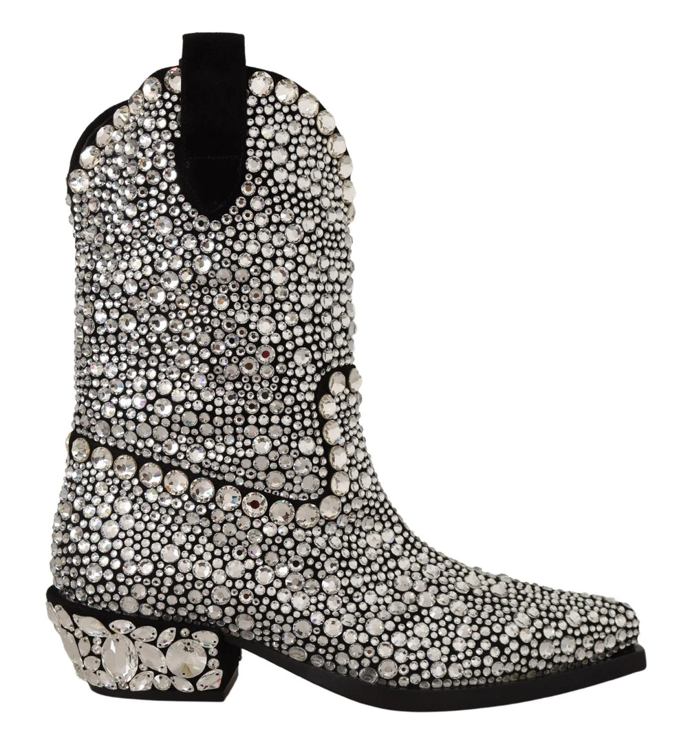 Dolce & Gabbana Black Suede Strass Crystal Cowgirl Boots - EU35/US4.5 - Boots