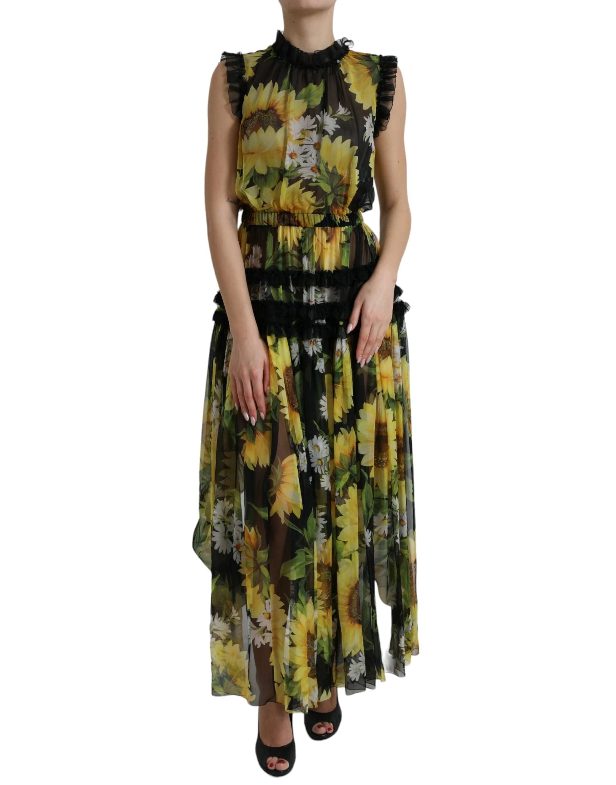 Dolce & Gabbana Black Sunflower A-line Pleated Maxi Dress - IT40|S - Dresses