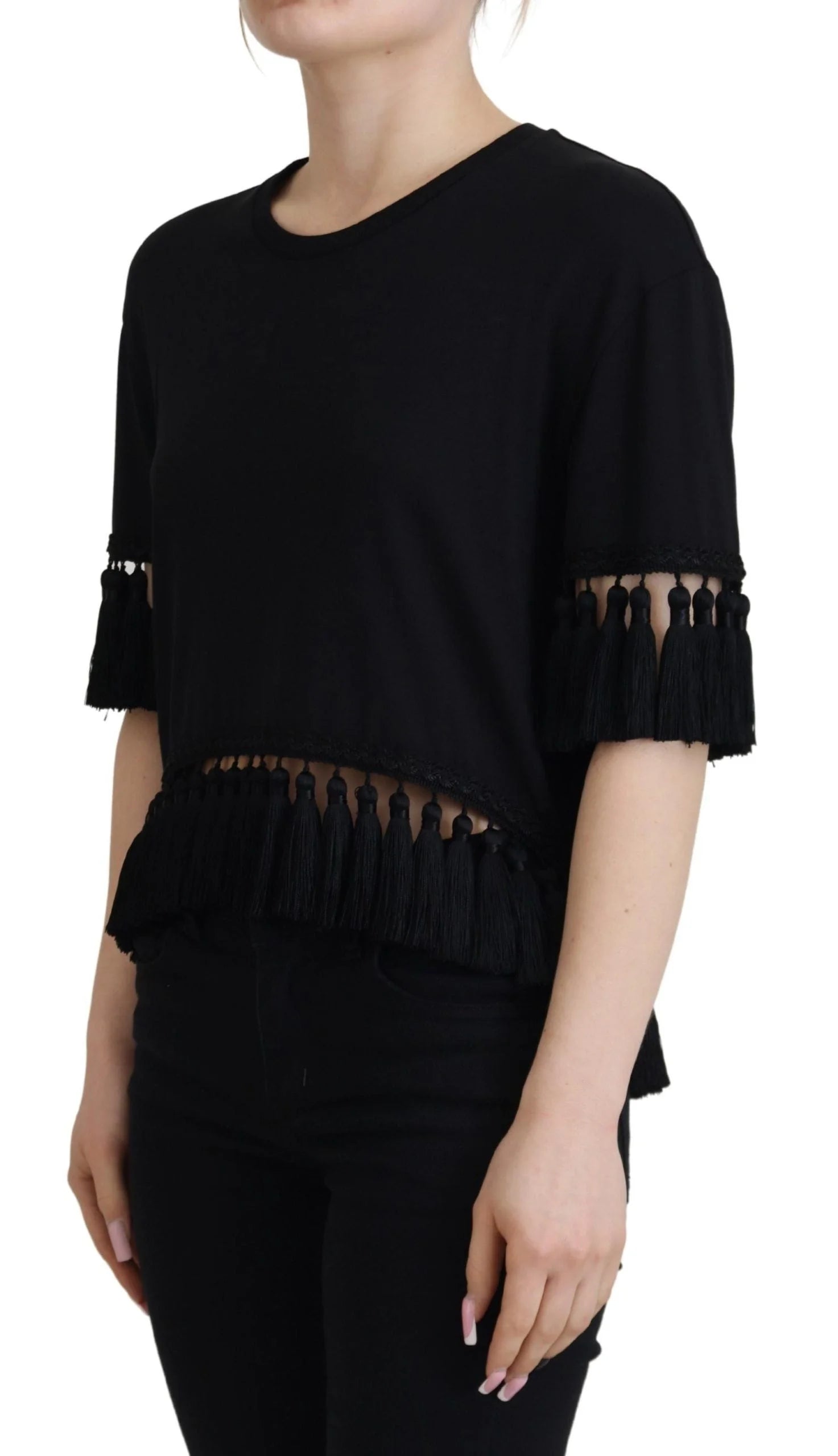 Dolce & Gabbana Black T-shirt Blouse Tassle Cotton Blouse - Blouses