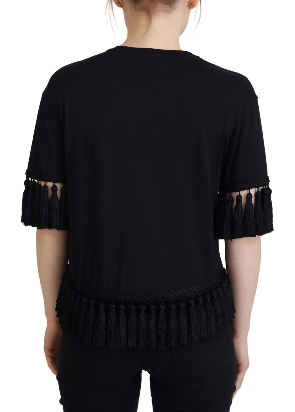 Dolce & Gabbana Black T-shirt Blouse Tassle Cotton Blouse - Blouses