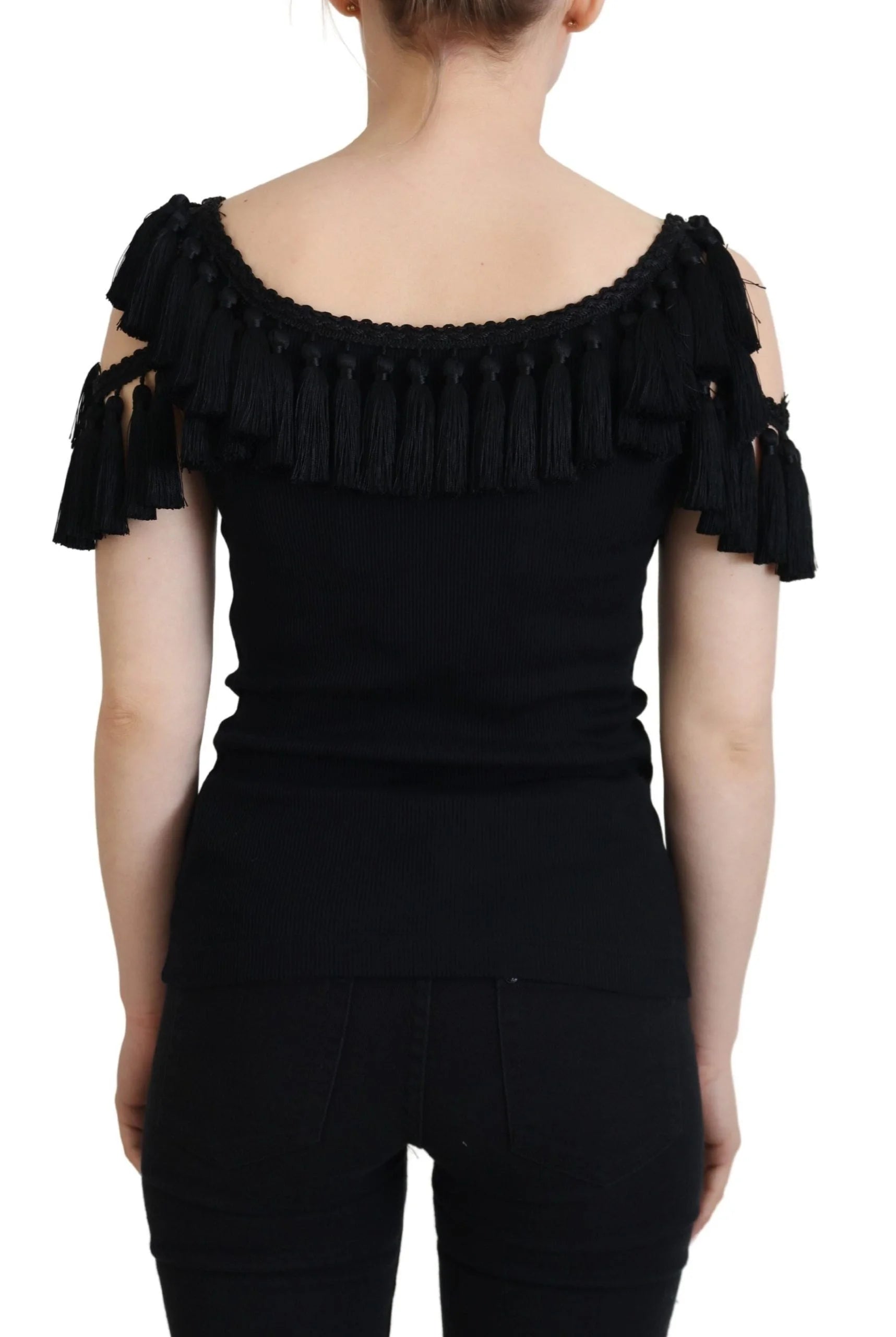 Dolce & Gabbana Black Tank Top Blouse Tassle Cotton Blouse - Tank Tops
