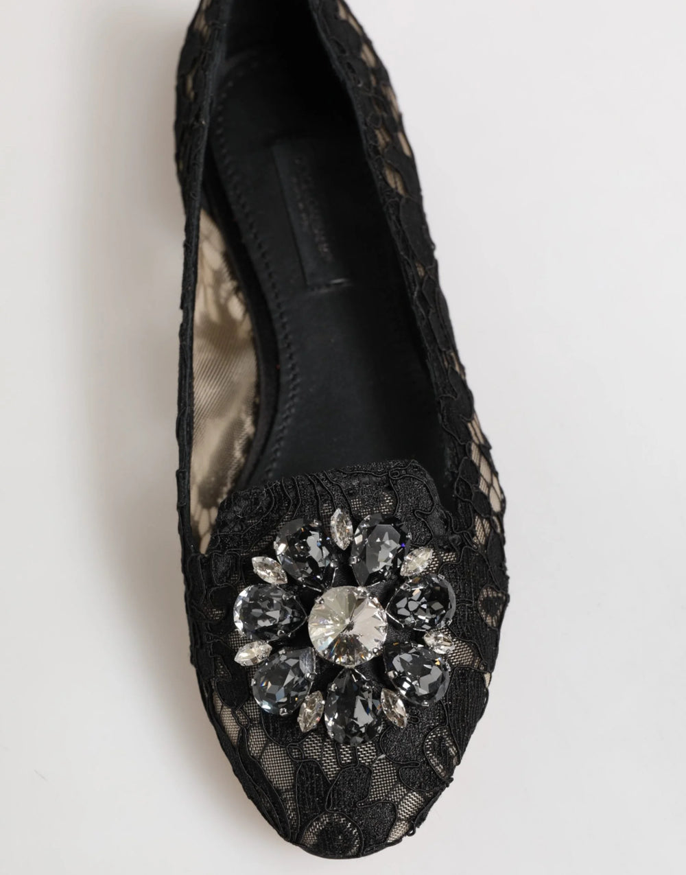 Dolce & Gabbana Black Taormina Lace Crystals Flats Shoes - Flats