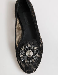 Dolce & Gabbana Black Taormina Lace Crystals Flats Shoes - Flats