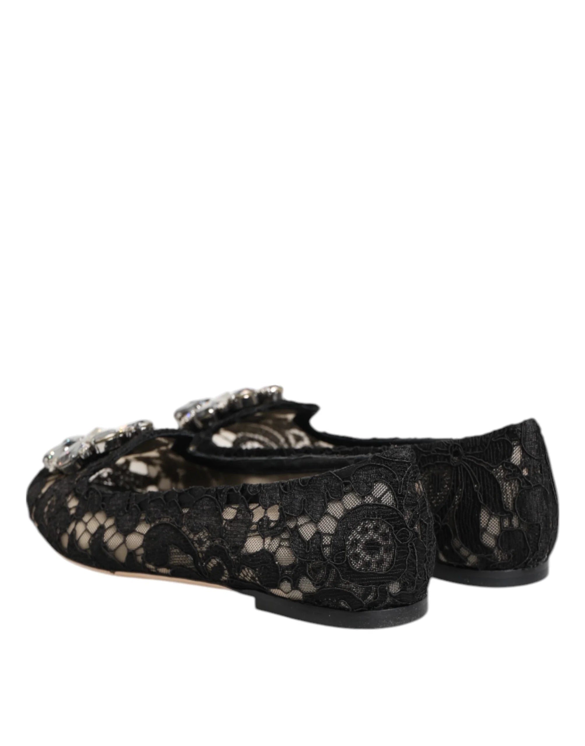 Dolce & Gabbana Black Taormina Lace Crystals Flats Shoes - Flats