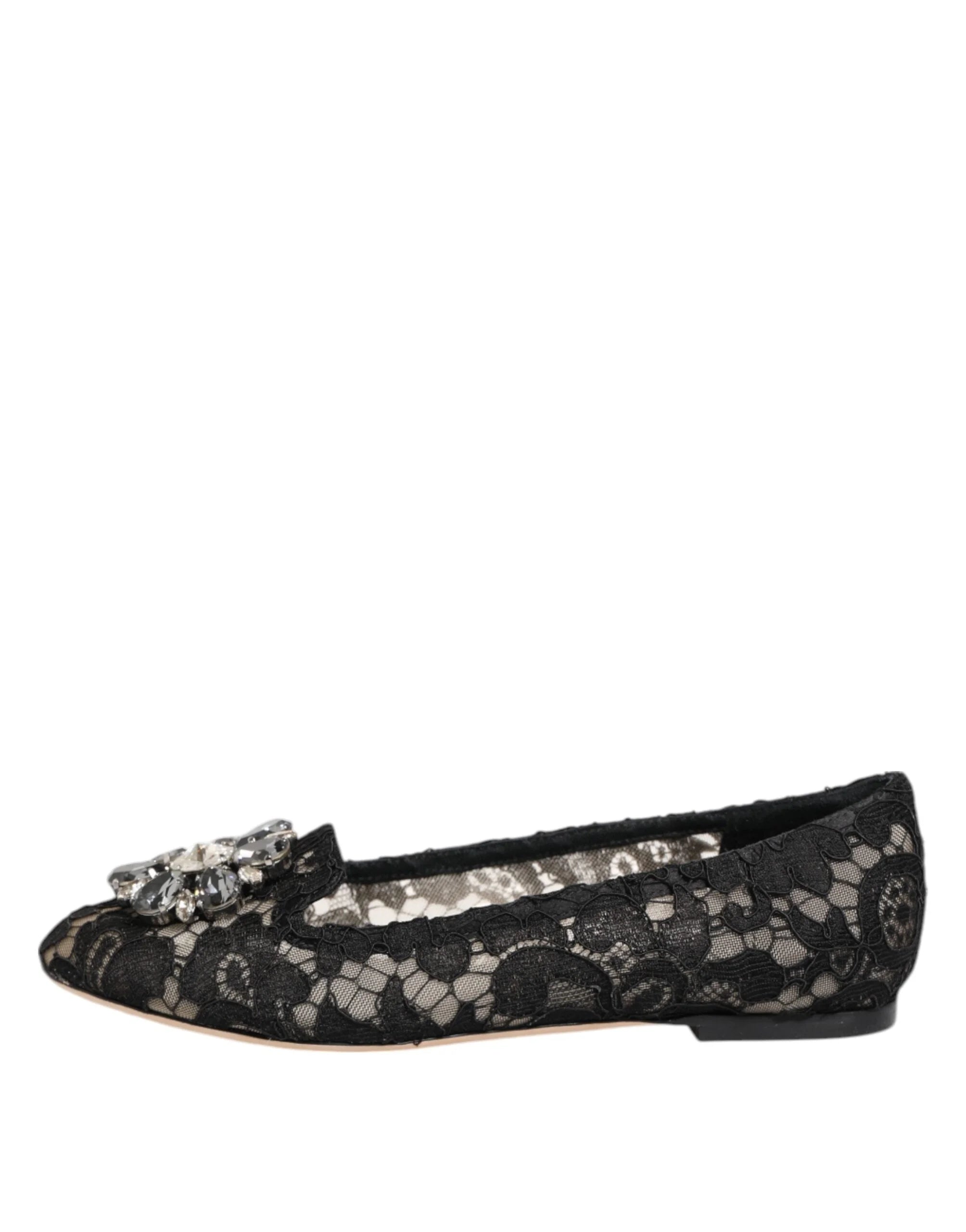 Dolce & Gabbana Black Taormina Lace Crystals Flats Shoes - Flats