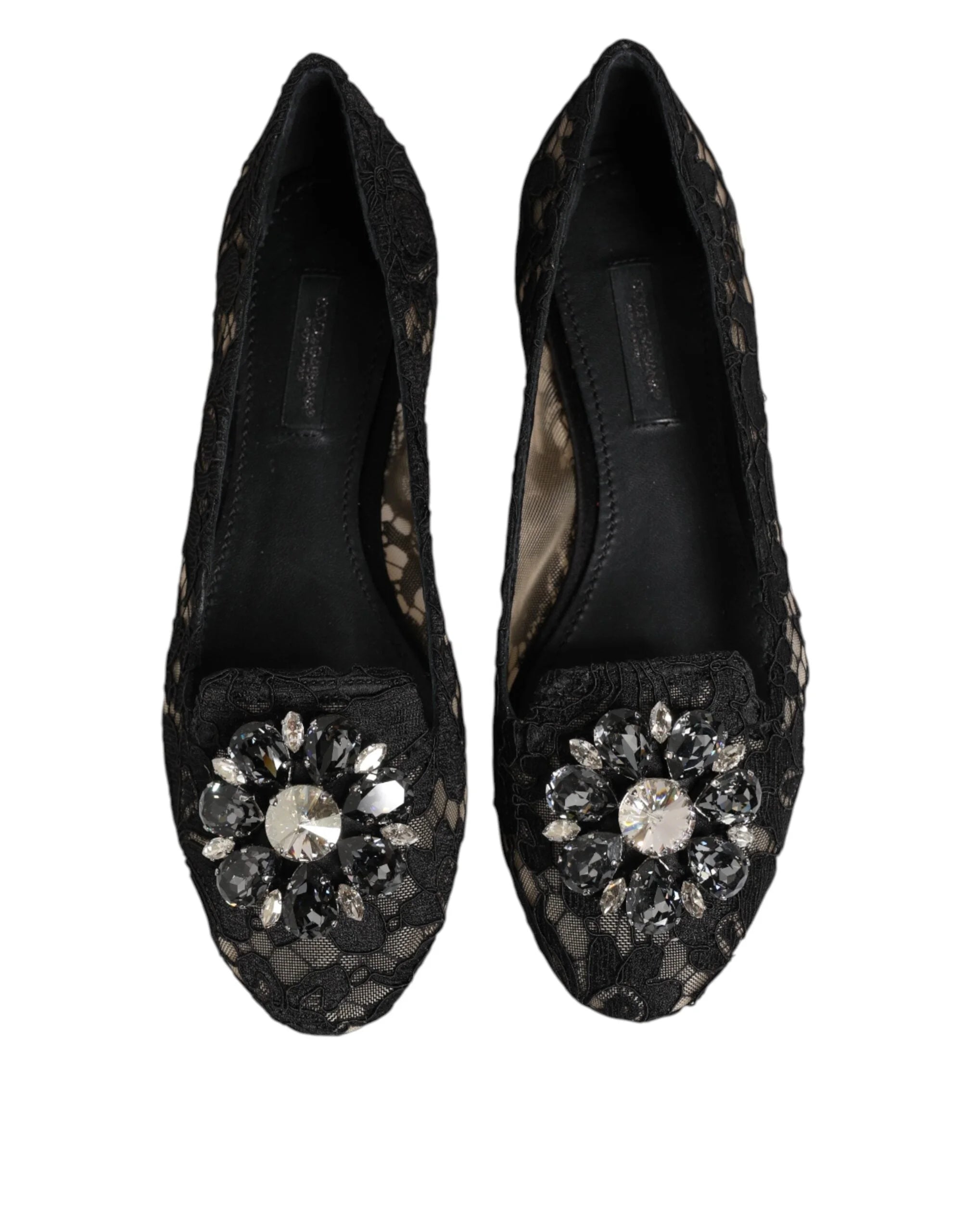 Dolce & Gabbana Black Taormina Lace Crystals Flats Shoes - Flats