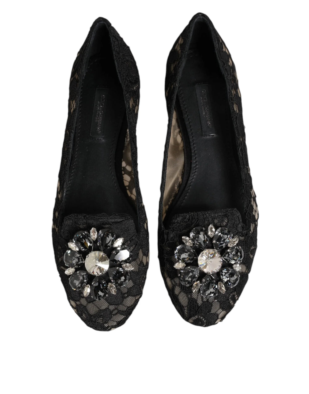 Dolce & Gabbana Black Taormina Lace Crystals Flats Shoes - Flats