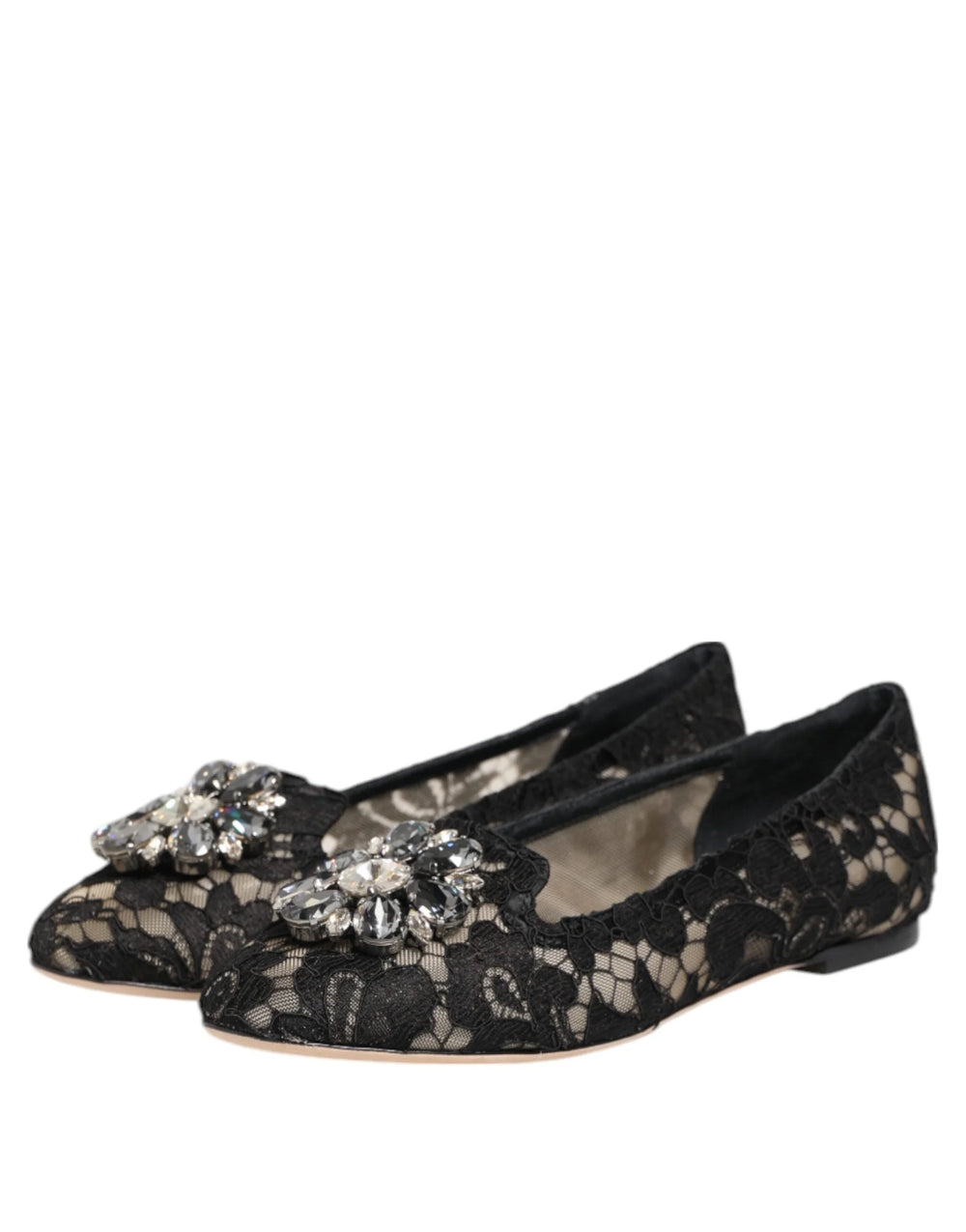 Dolce & Gabbana Black Taormina Lace Crystals Flats Shoes - Flats
