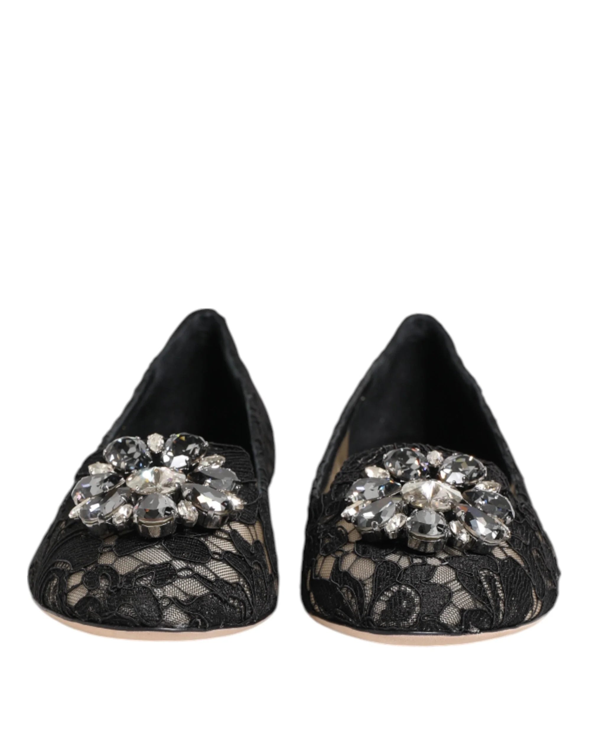 Dolce & Gabbana Black Taormina Lace Crystals Flats Shoes - Flats