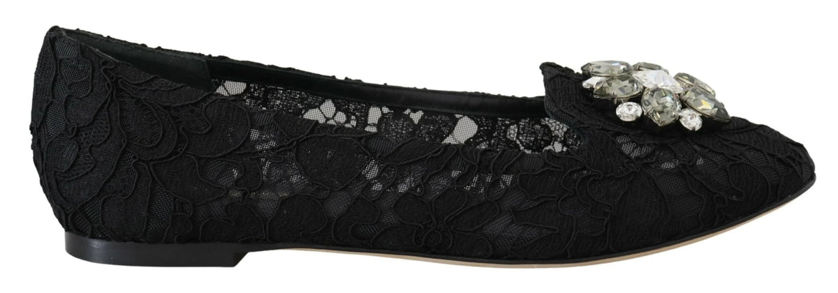 Dolce & Gabbana Black Taormina Lace Crystals Flats Shoes - EU35/US4.5 - Flats