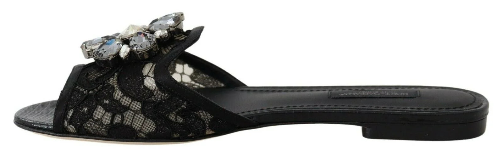 Dolce & Gabbana Black Taormina Lace Slides Crystals Flats Shoes - EU35.5/US5 - Flats