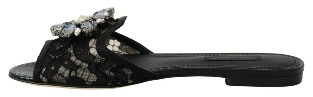 Dolce & Gabbana Black Taormina Lace Slides Crystals Flats Shoes - EU35.5/US5 - Flats