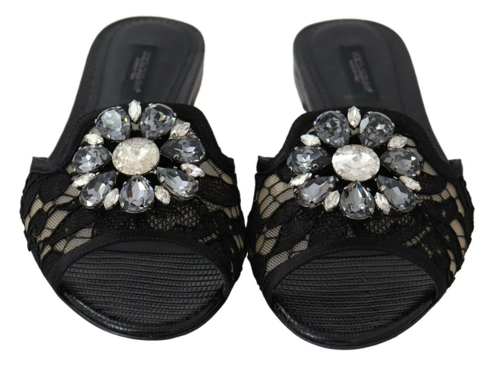 Dolce & Gabbana Black Taormina Lace Slides Crystals Flats Shoes - EU35.5/US5 - Flats