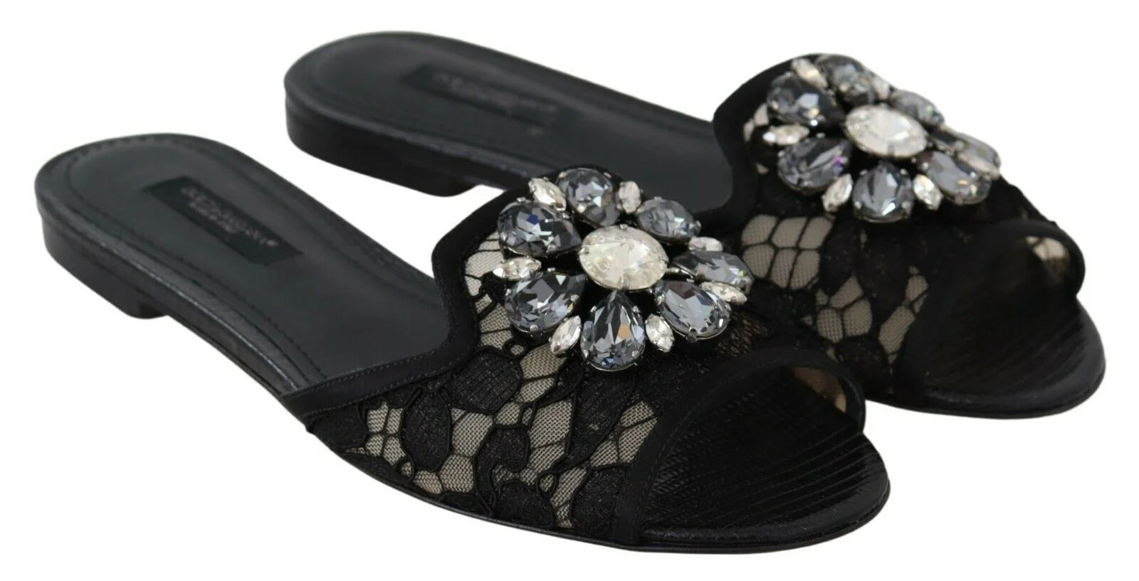 Dolce & Gabbana Black Taormina Lace Slides Crystals Flats Shoes - EU35.5/US5 - Flats