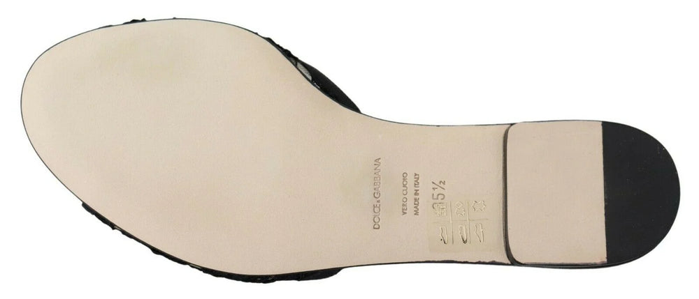 Dolce & Gabbana Black Taormina Lace Slides Crystals Flats Shoes - EU35.5/US5 - Flats