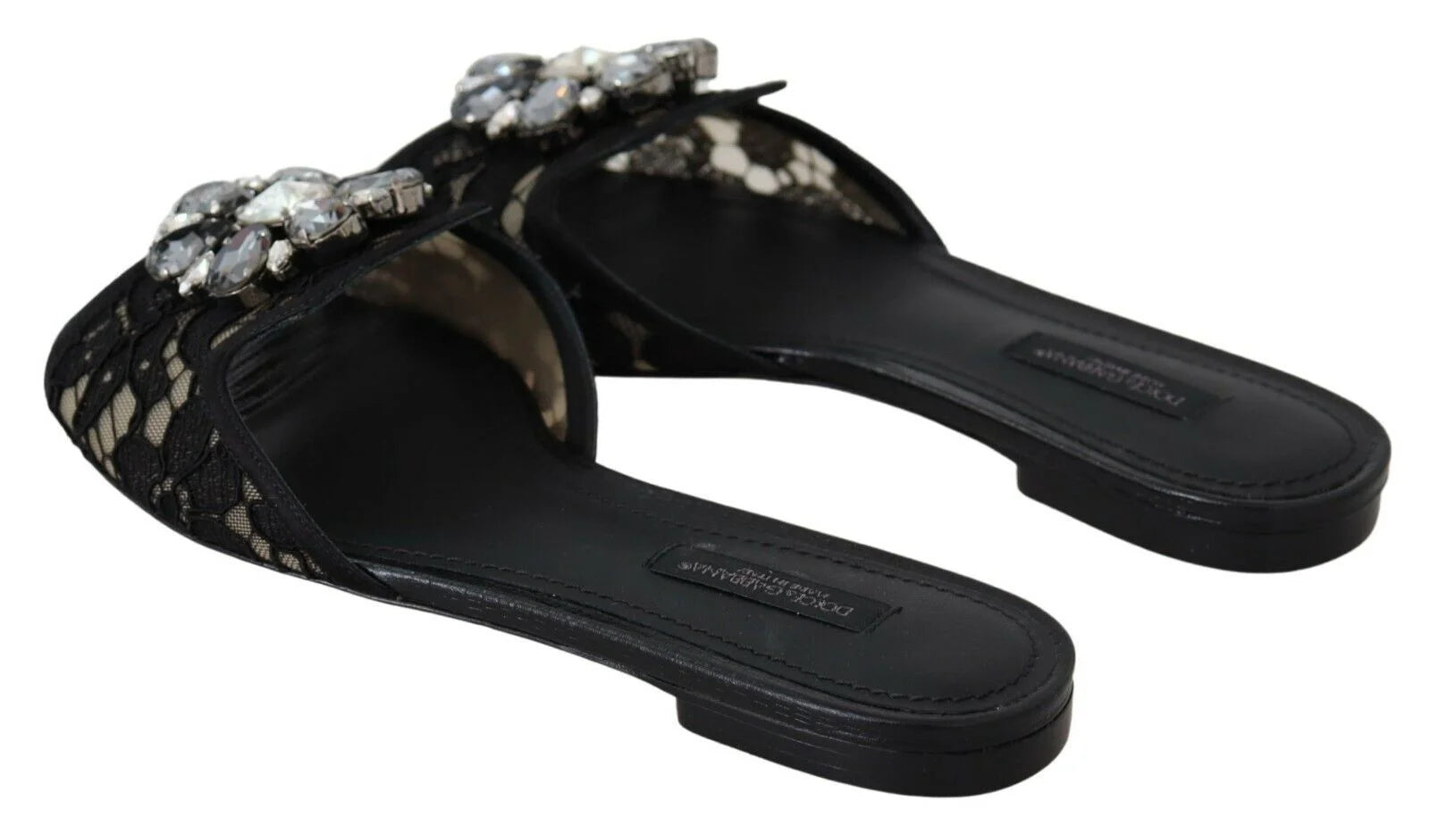 Dolce & Gabbana Black Taormina Lace Slides Crystals Flats Shoes - EU35.5/US5 - Flats