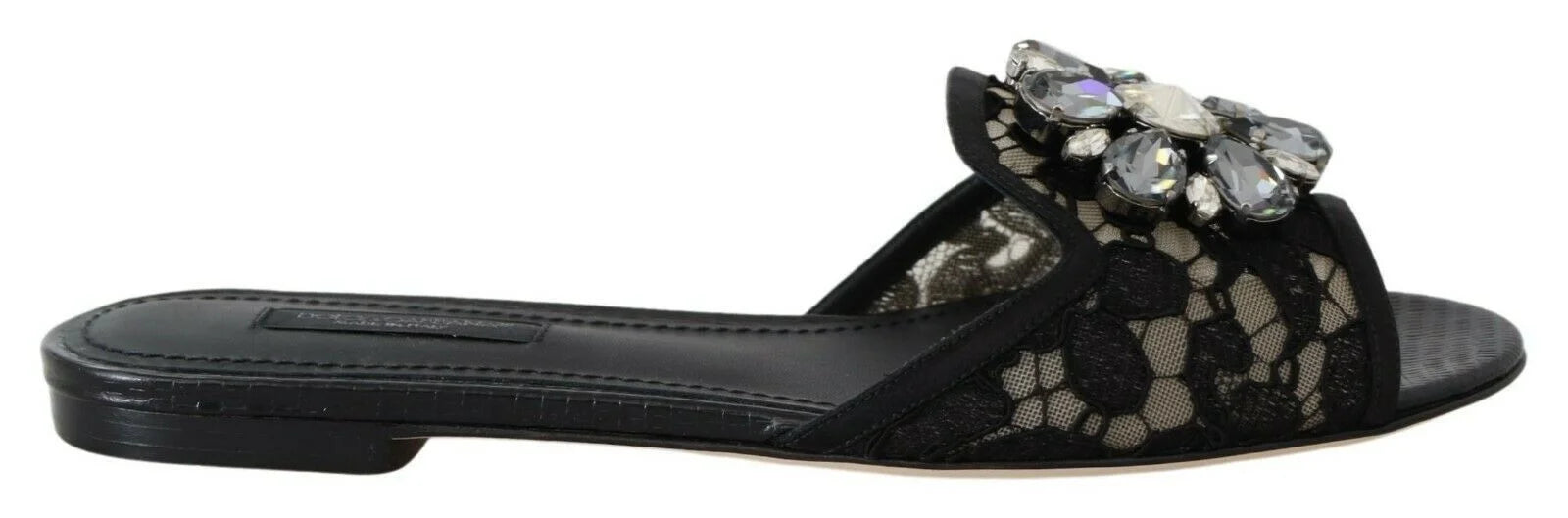 Dolce & Gabbana Black Taormina Lace Slides Crystals Flats Shoes - EU35.5/US5 - Flats