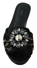Dolce & Gabbana Black Taormina Lace Slides Crystals Flats Shoes - EU35.5/US5 - Flats