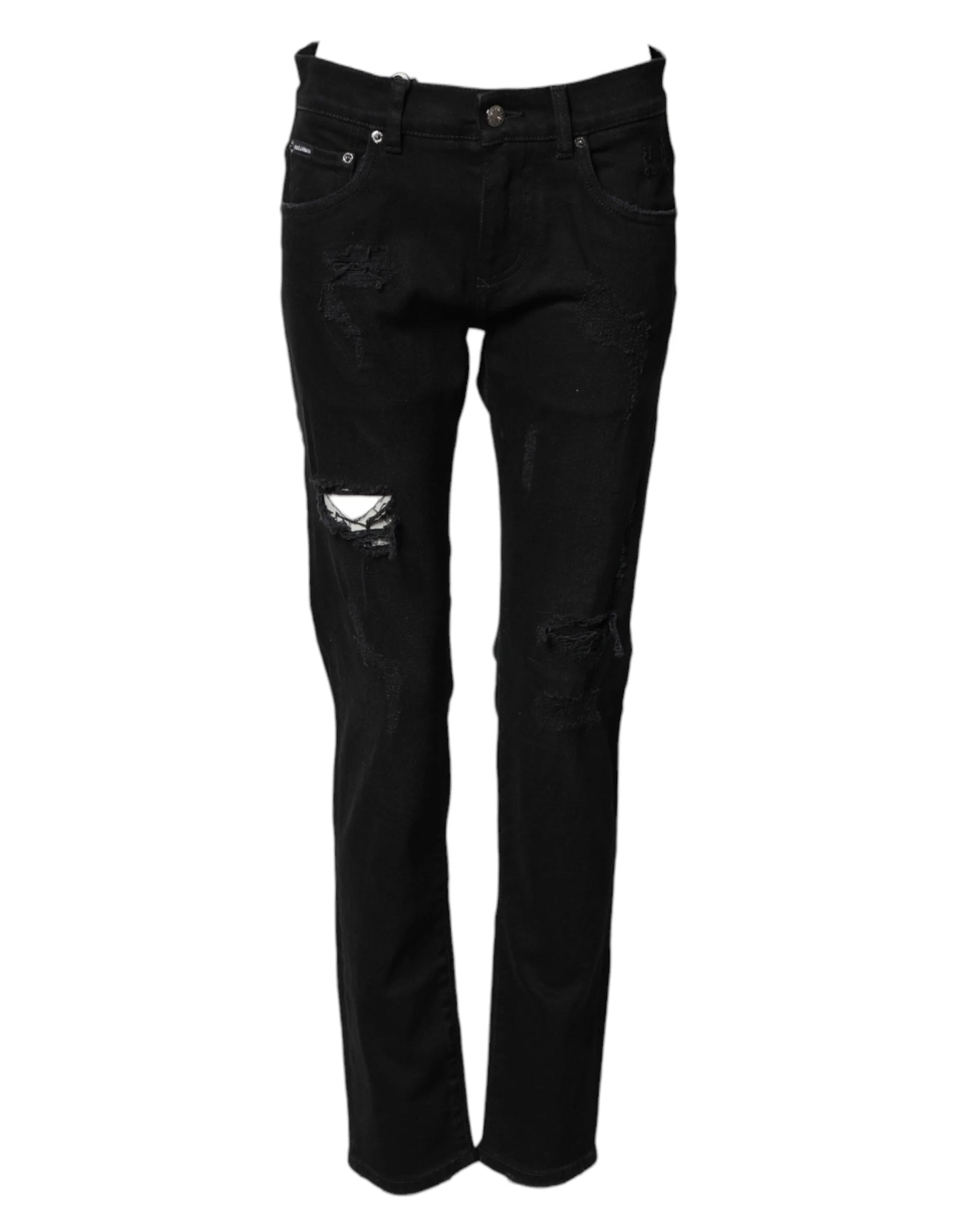 Dolce & Gabbana Black Tattered Cotton Men Skinny Denim Jeans - IT44 | XS