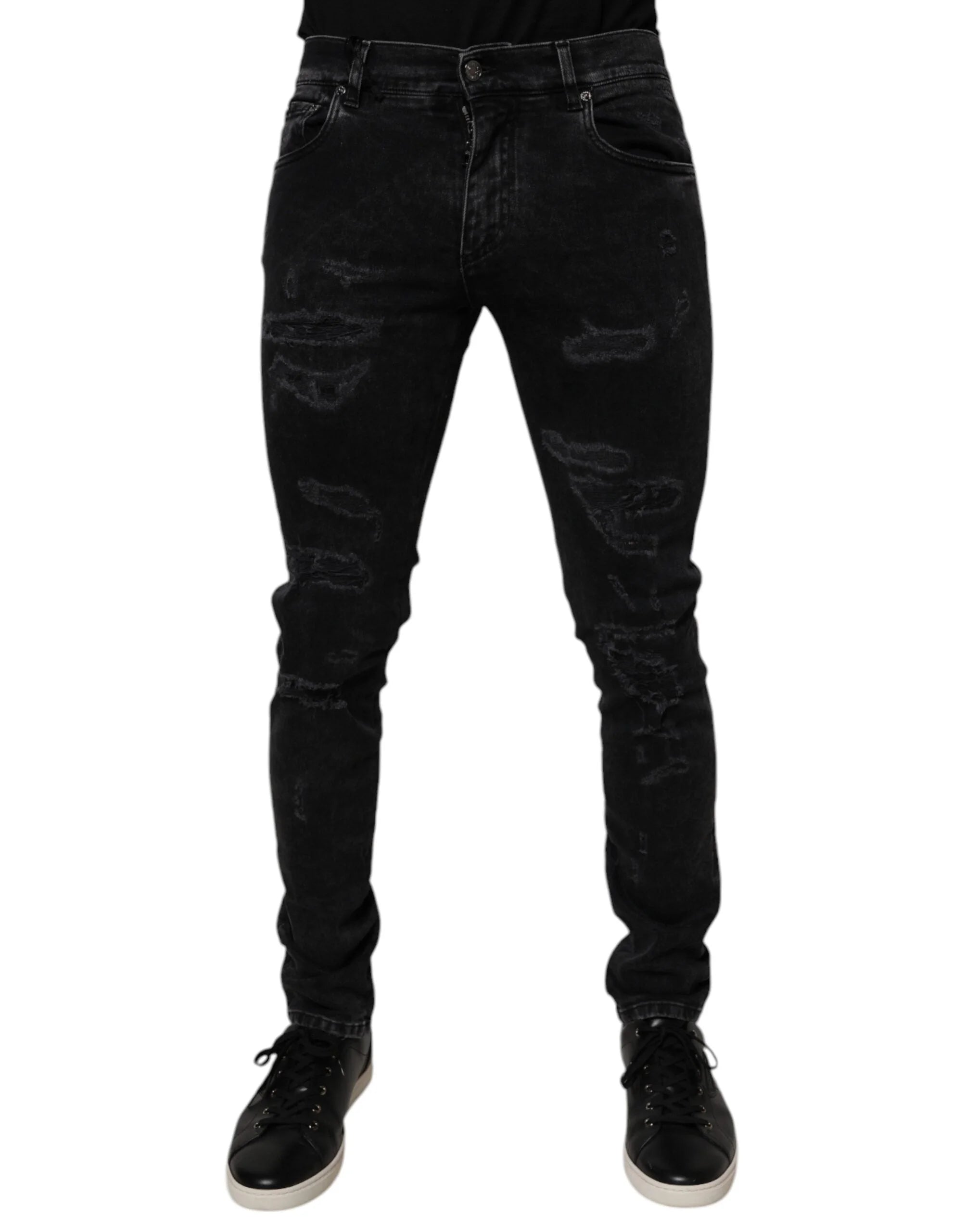 Dolce & Gabbana Black Tattered Cotton Skinny Men Denim Jeans - Jeans